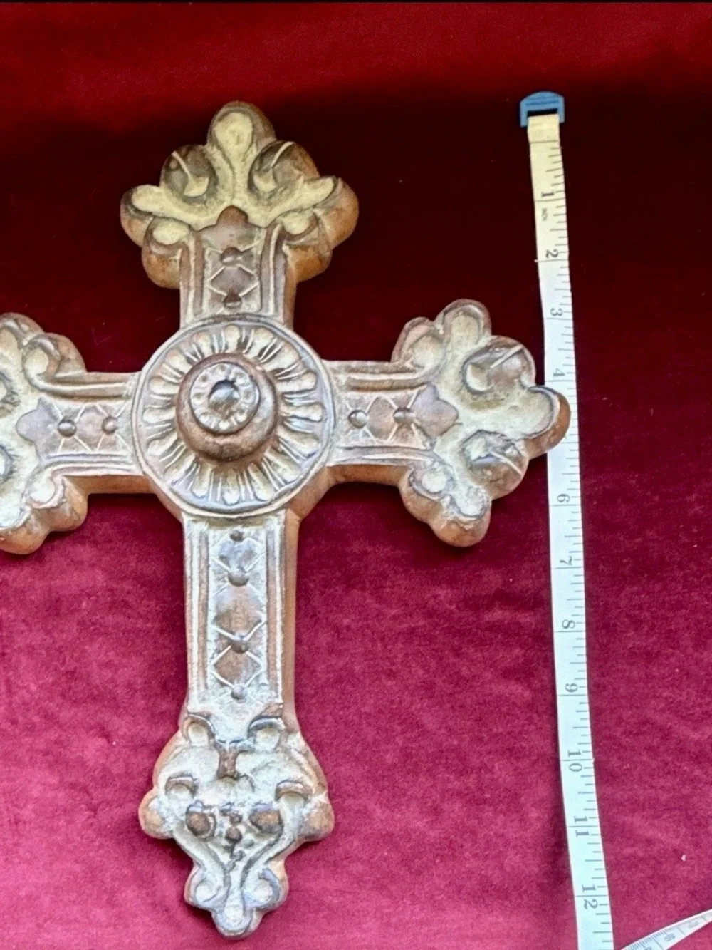 Vintage Ornate Medieval Style Wall Cross Hanging Decor Distressed Gold